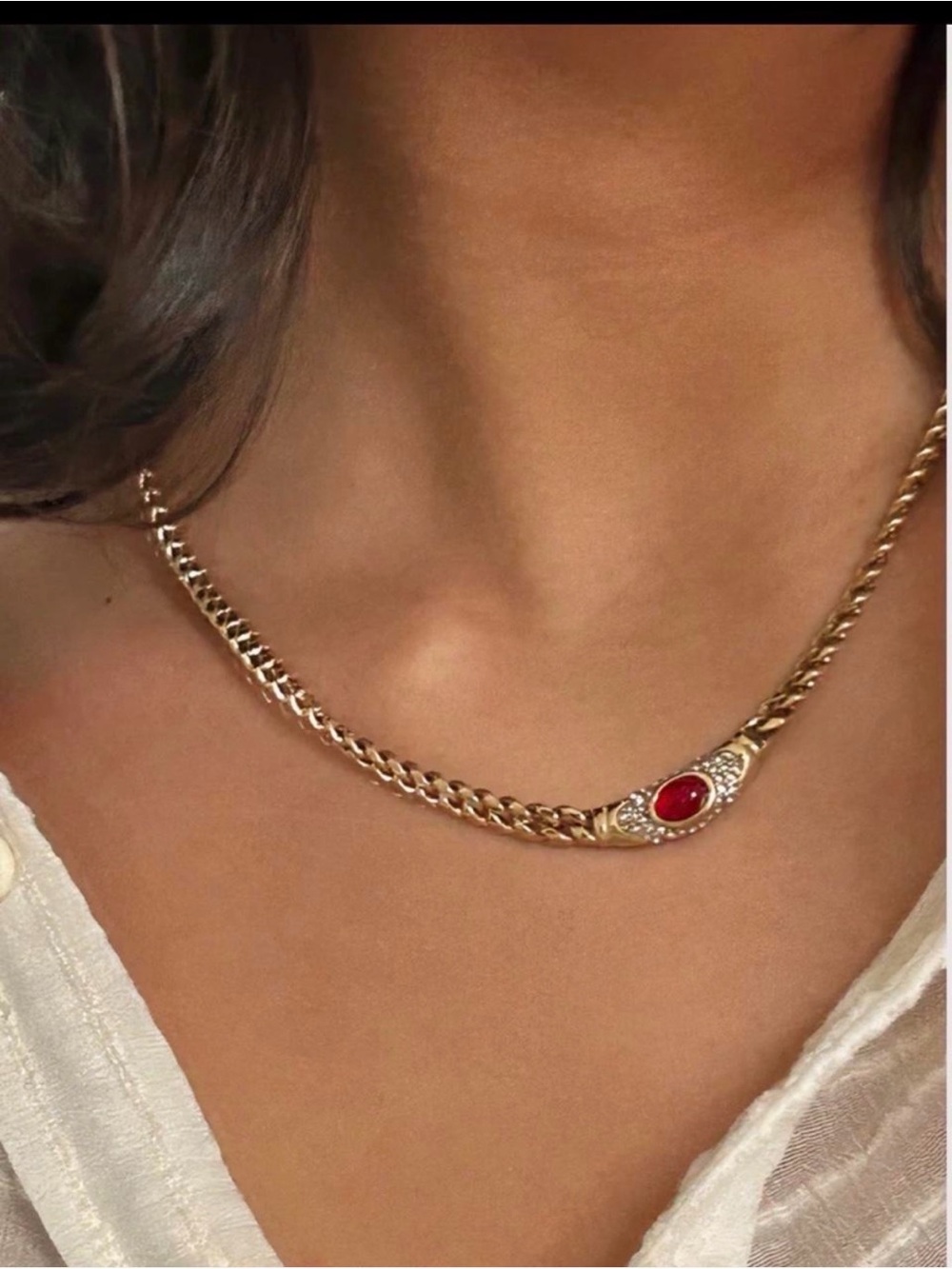 Gold Link Necklace with Red Stone Accent and Crystal Detail
